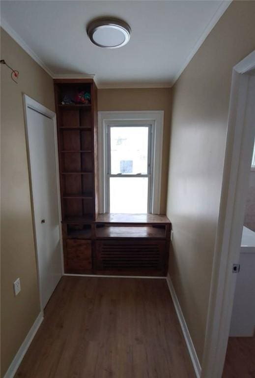 hall featuring wood finished floors, baseboards, and ornamental molding