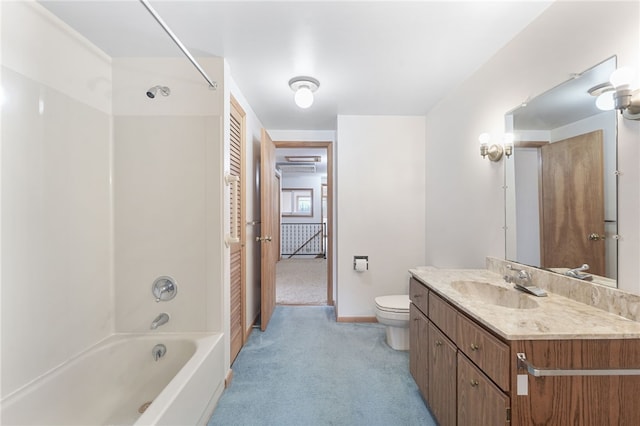 bathroom with toilet, vanity, baseboards, and bathtub / shower combination