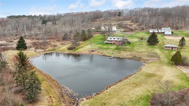 aerial view featuring a water view and a forest view