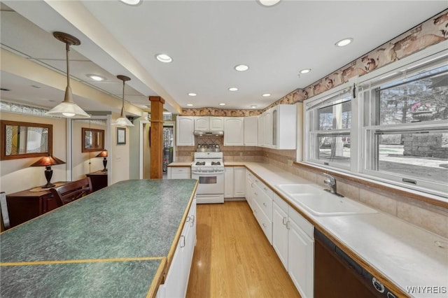 1465 Genesee St, Pembroke, NY 14036 - kitchen featuring dishwasher, a sink, white range with gas cooktop, white cabinets, and light wood-type flooring