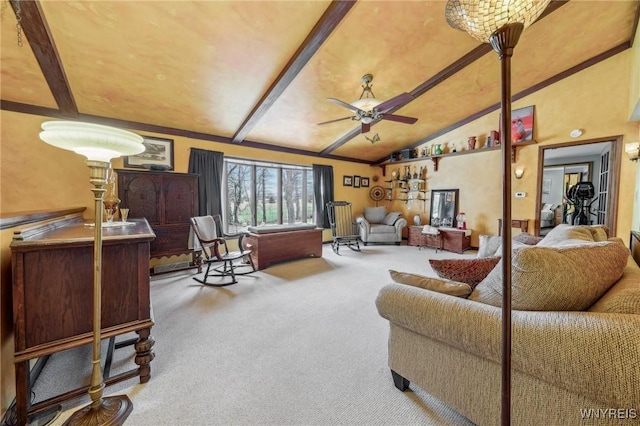 1465 Genesee St, Pembroke, NY 14036 - carpeted living room with ceiling fan and vaulted ceiling with beams