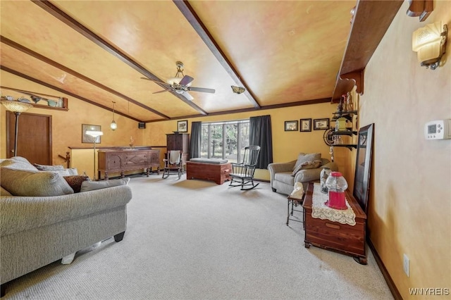 1465 Genesee St, Pembroke, NY 14036 - carpeted living room featuring ceiling fan, baseboards, and vaulted ceiling with beams
