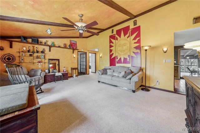 1465 Genesee St, Pembroke, NY 14036 - carpeted living room with baseboards, beamed ceiling, and ceiling fan
