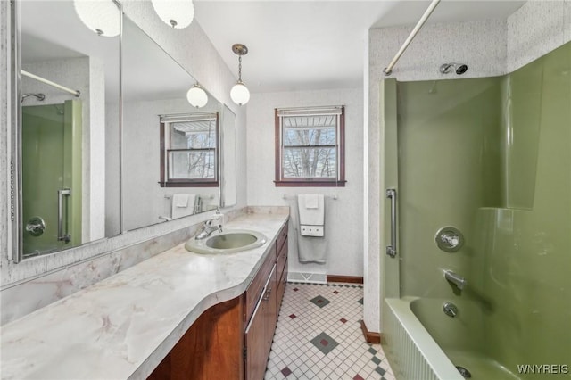 1465 Genesee St, Pembroke, NY 14036 - full bathroom with baseboards, tile patterned floors, vanity, and tub / shower combination