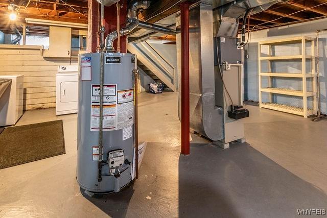 unfinished below grade area with gas water heater and heating unit