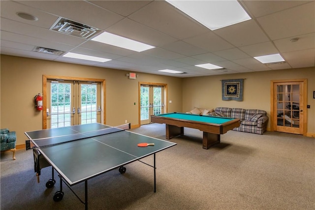 5572 Lakewood Trl, South Bristol, NY 14424 - rec room with visible vents, carpet flooring, billiards, french doors, and a drop ceiling