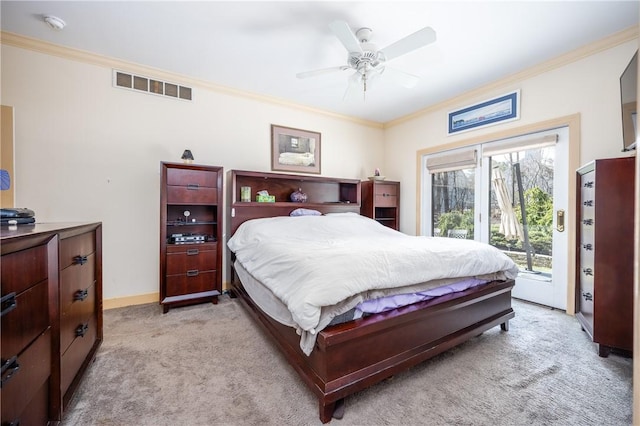 5572 Lakewood Trl, South Bristol, NY 14424 - bedroom featuring ornamental molding, visible vents, access to exterior, and light carpet