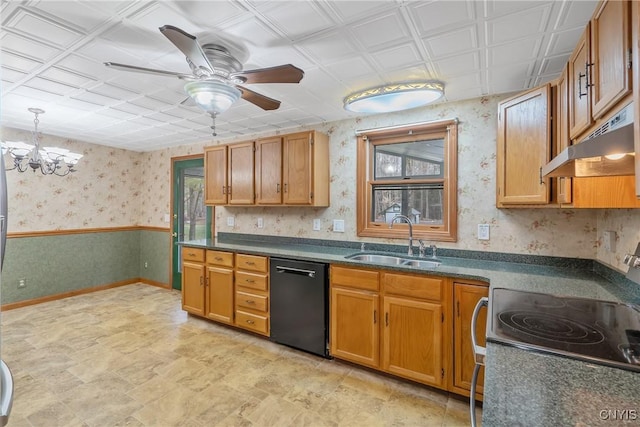 kitchen featuring black dishwasher, dark countertops, under cabinet range hood, electric stove, and a sink