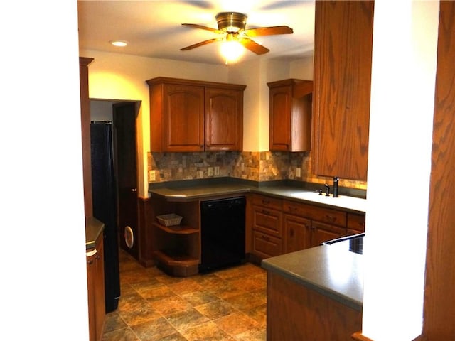 956 Hoffman St, Elmira-City, NY 14905 - kitchen featuring tasteful backsplash, open shelves, a ceiling fan, black dishwasher, and a sink