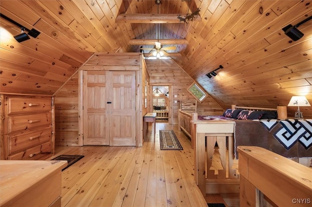 bonus room with wooden walls, wood ceiling, and lofted ceiling