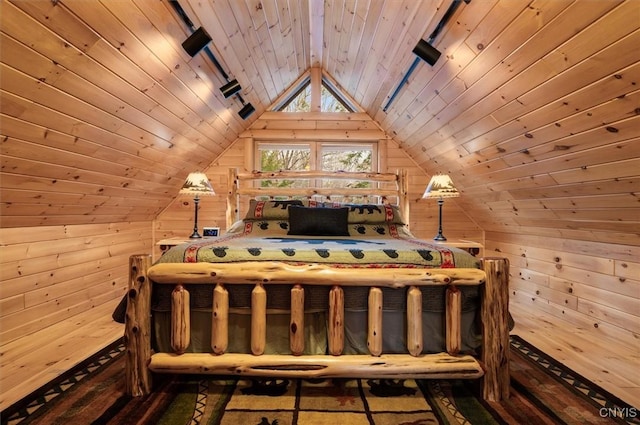 unfurnished bedroom featuring wood ceiling, wood walls, and vaulted ceiling