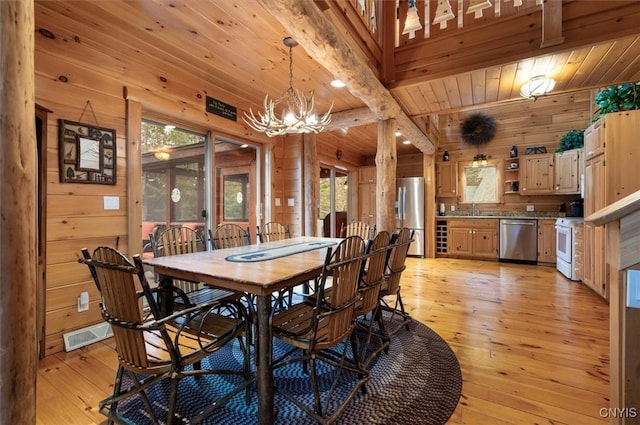 dining space with an inviting chandelier, wood ceiling, wooden walls, beamed ceiling, and light wood finished floors