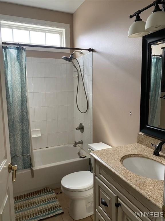 253 Glenvale Rd, Porter, NY 14174 - bathroom featuring shower / bath combination with curtain, tile patterned floors, vanity, and toilet