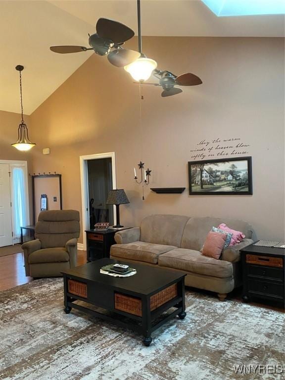 253 Glenvale Rd, Porter, NY 14174 - living room featuring high vaulted ceiling and ceiling fan