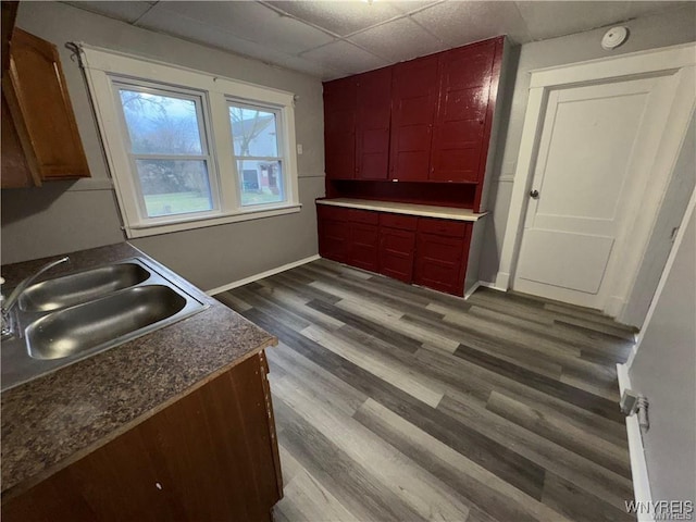 kitchen with a paneled ceiling, baseboards, dark countertops, dark wood-type flooring, and a sink