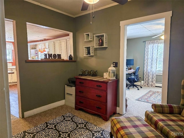 3012 Pleasant Ave, Vienna, NY 13308 - interior space with ornamental molding, baseboards, carpet flooring, and baseboard heating