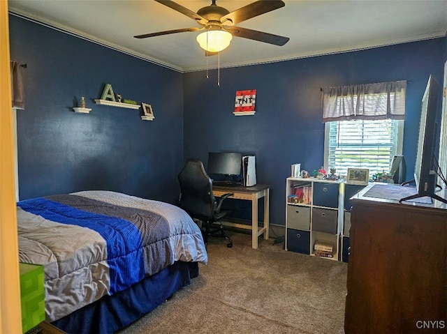 3012 Pleasant Ave, Vienna, NY 13308 - bedroom with crown molding, a ceiling fan, and carpet flooring