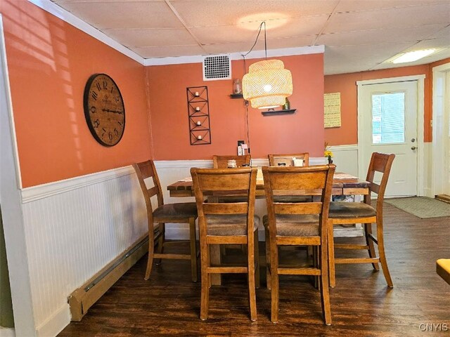 3012 Pleasant Ave, Vienna, NY 13308 - dining space featuring visible vents, a paneled ceiling, wainscoting, and wood finished floors