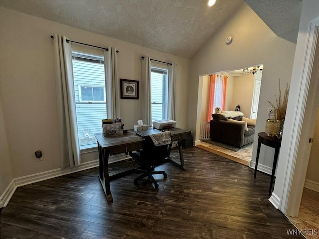 home office with baseboards, an inviting chandelier, dark wood-style floors, radiator, and vaulted ceiling