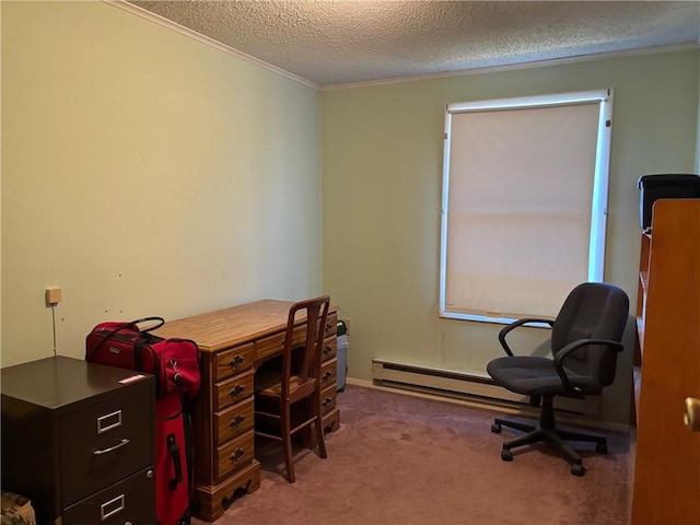 carpeted office space with ornamental molding, a baseboard radiator, and a textured ceiling