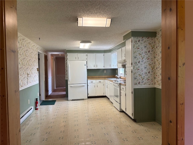 215 Kautz Rd, Delaware, NY 12723 - kitchen featuring white appliances, wallpapered walls, a wainscoted wall, a baseboard radiator, and a textured ceiling