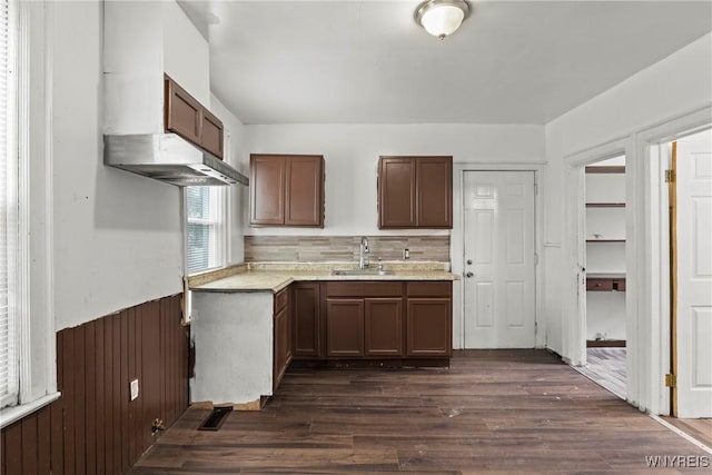 kitchen with dark wood-type flooring, visible vents, light countertops, a sink, and wainscoting