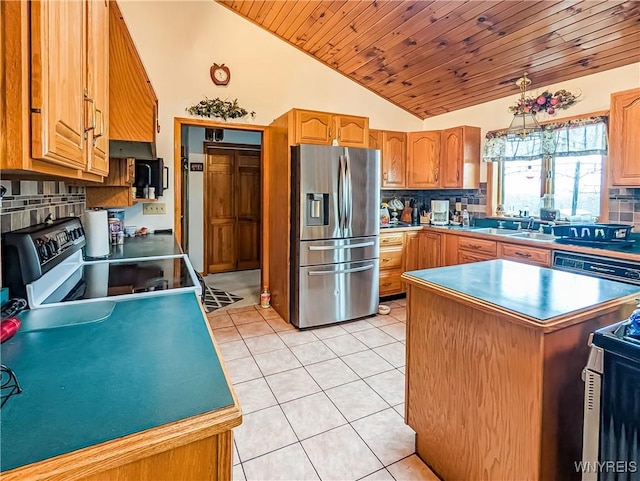 kitchen with wooden ceiling, appliances with stainless steel finishes, backsplash, and vaulted ceiling