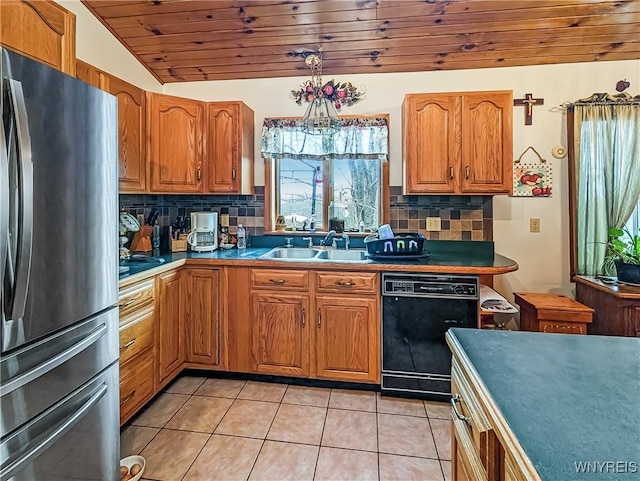 kitchen with wood ceiling, backsplash, a sink, freestanding refrigerator, and black dishwasher