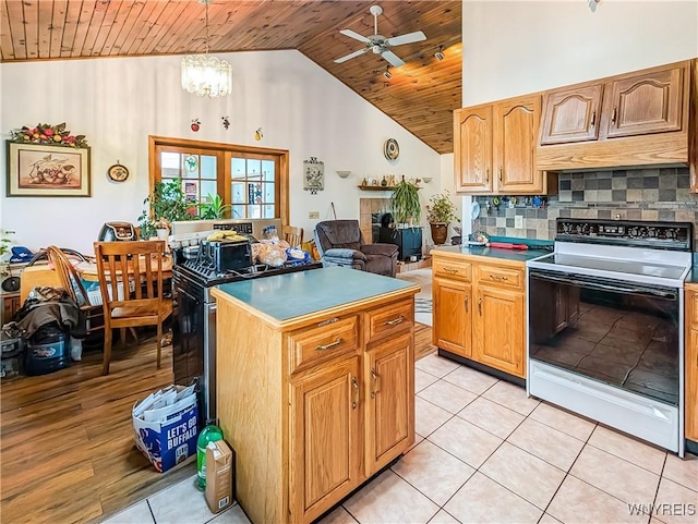 kitchen featuring range with electric stovetop, a center island, wooden ceiling, tasteful backsplash, and ceiling fan with notable chandelier