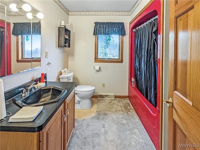 full bathroom featuring visible vents, a wealth of natural light, toilet, and vanity