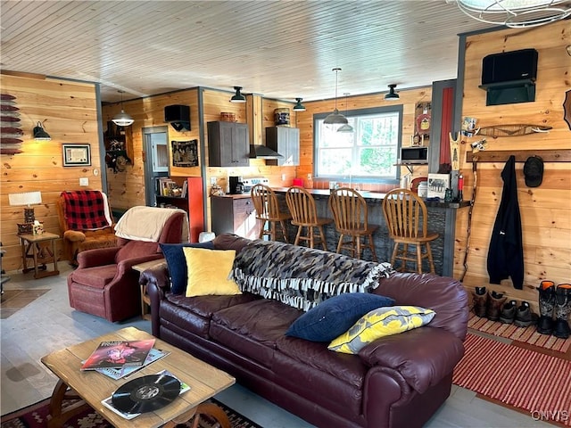 living area featuring wooden walls and wood-type flooring