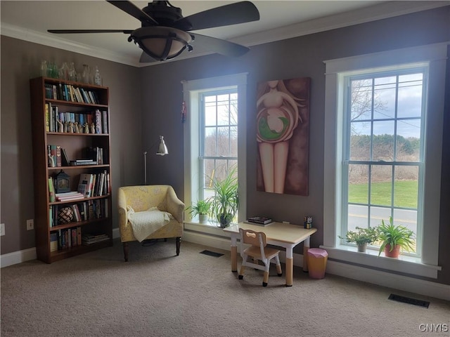 165 Howe St, Le Ray, NY 13612 - sitting room featuring ornamental molding, a ceiling fan, and carpet