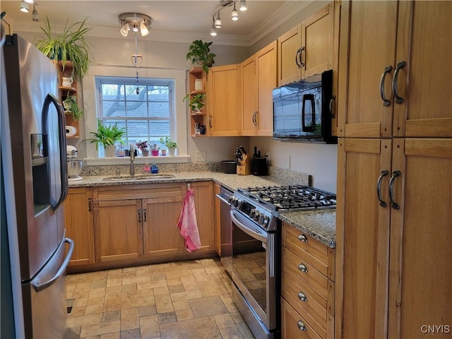 165 Howe St, Le Ray, NY 13612 - kitchen with appliances with stainless steel finishes, a sink, open shelves, crown molding, and light stone finish floors