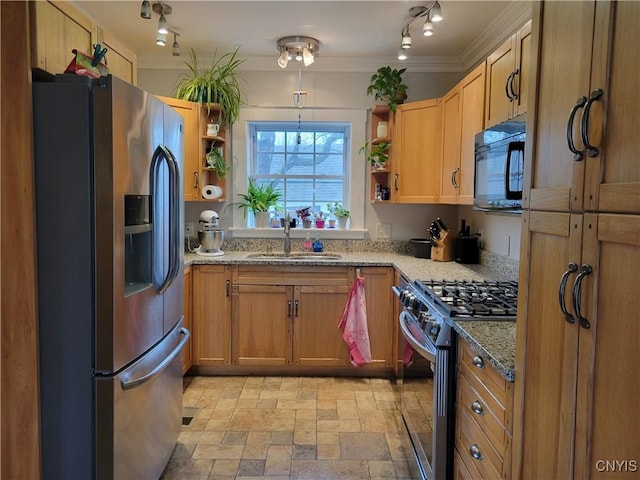 165 Howe St, Le Ray, NY 13612 - kitchen with appliances with stainless steel finishes, a sink, open shelves, crown molding, and light stone counters