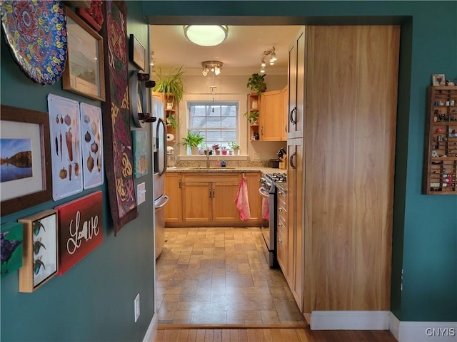 165 Howe St, Le Ray, NY 13612 - kitchen featuring stainless steel gas range, a sink, light countertops, open shelves, and baseboards