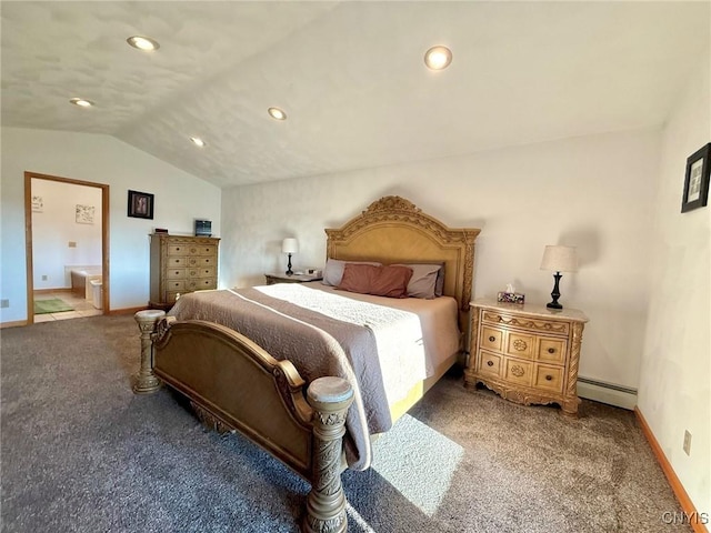 carpeted bedroom with recessed lighting, vaulted ceiling, a baseboard heating unit, and baseboards