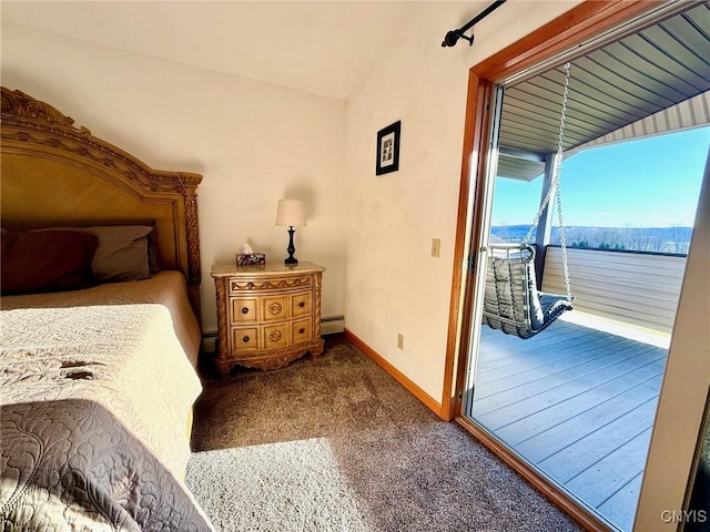 bedroom featuring carpet flooring, access to exterior, a baseboard radiator, and baseboards