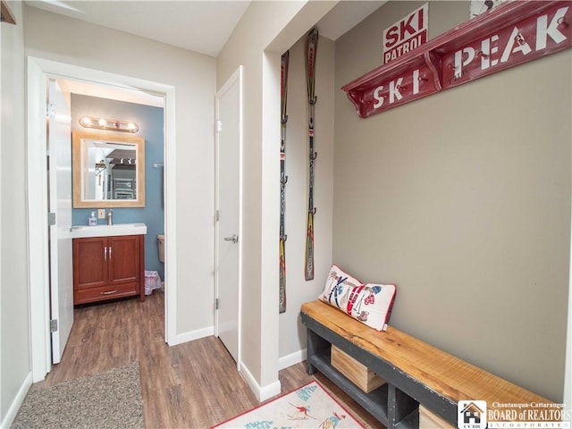 mudroom featuring wood finished floors, a sink, and baseboards