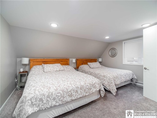 carpeted bedroom with recessed lighting, baseboards, and vaulted ceiling