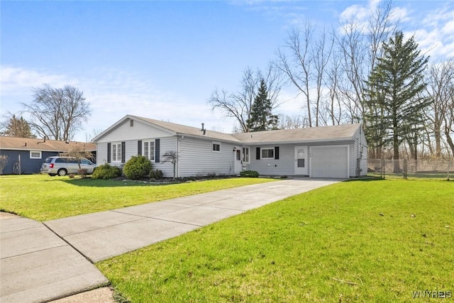 ranch-style house with driveway, fence, an attached garage, and a front lawn