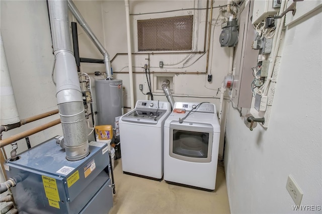 laundry room featuring water heater, laundry area, and washing machine and clothes dryer