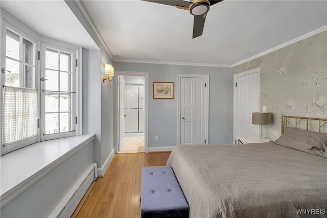 bedroom featuring baseboards, ceiling fan, connected bathroom, light wood-style flooring, and a baseboard heating unit