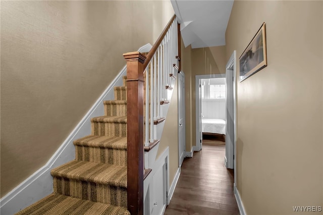 stairway featuring wood finished floors