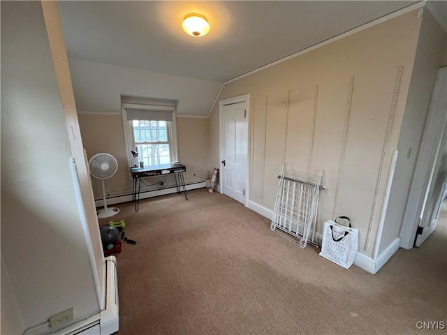 interior space featuring baseboards, a baseboard heating unit, vaulted ceiling, crown molding, and carpet