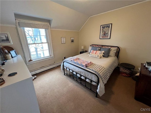 carpeted bedroom featuring crown molding, a baseboard heating unit, and lofted ceiling