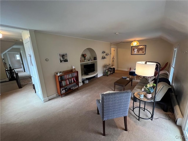 living room featuring a baseboard radiator, vaulted ceiling, light colored carpet, and baseboards