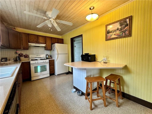 930 W 1st St, Elmira, NY 14905 - kitchen featuring white appliances, under cabinet range hood, a sink, a peninsula, and wood ceiling