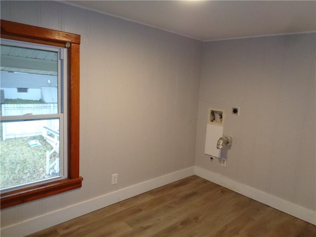 252 W 2nd St, Corning-City, NY 14830 - laundry area featuring laundry area, ornamental molding, wood finished floors, hookup for an electric dryer, and baseboards