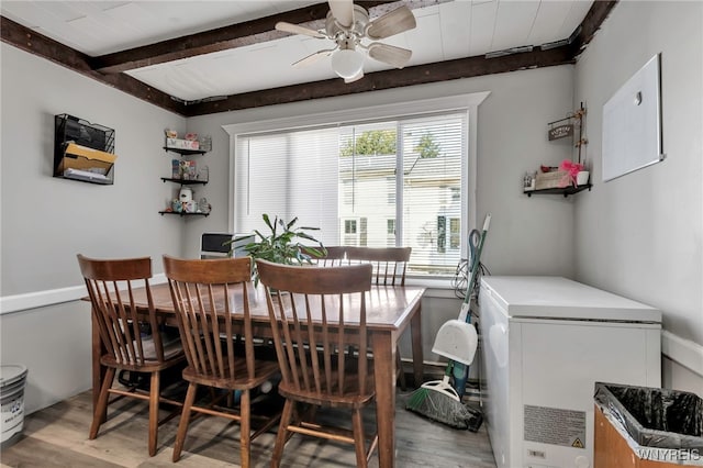 192 Pine St, Lockport City, NY 14094 - dining space featuring light wood-type flooring, a ceiling fan, and beam ceiling
