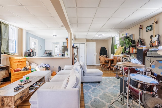 living area with a paneled ceiling and wood finished floors